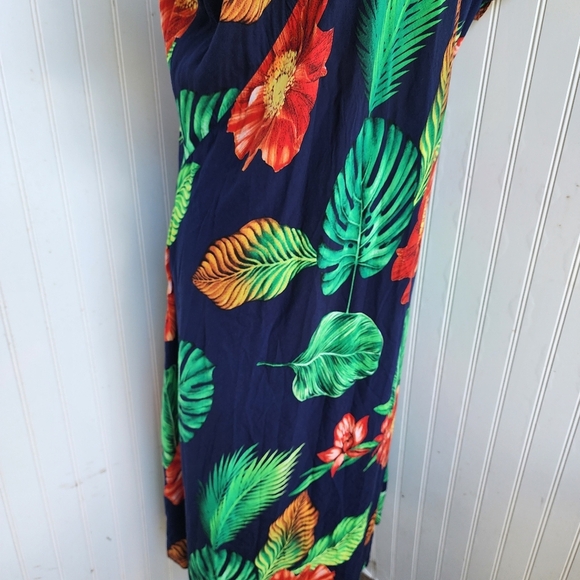 Vtg GG Hawaiian Shift Dress Floral Monstera Palm Print Tie Blue Green Red Sz L - Picture 6 of 10
